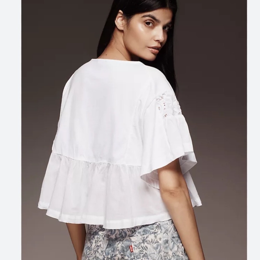 Maeve White Short Sleeve Embellished Swing Top L Boxy Boho Anthropologie - Picture 2 of 9